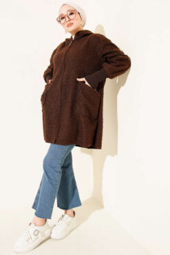 Alternative view of Zip-up boucle cardigan with ribbed wrist cuffs Brown