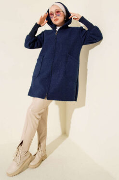 Alternative view of Zip-up boucle cardigan with ribbed wrist cuffs Navy Blue