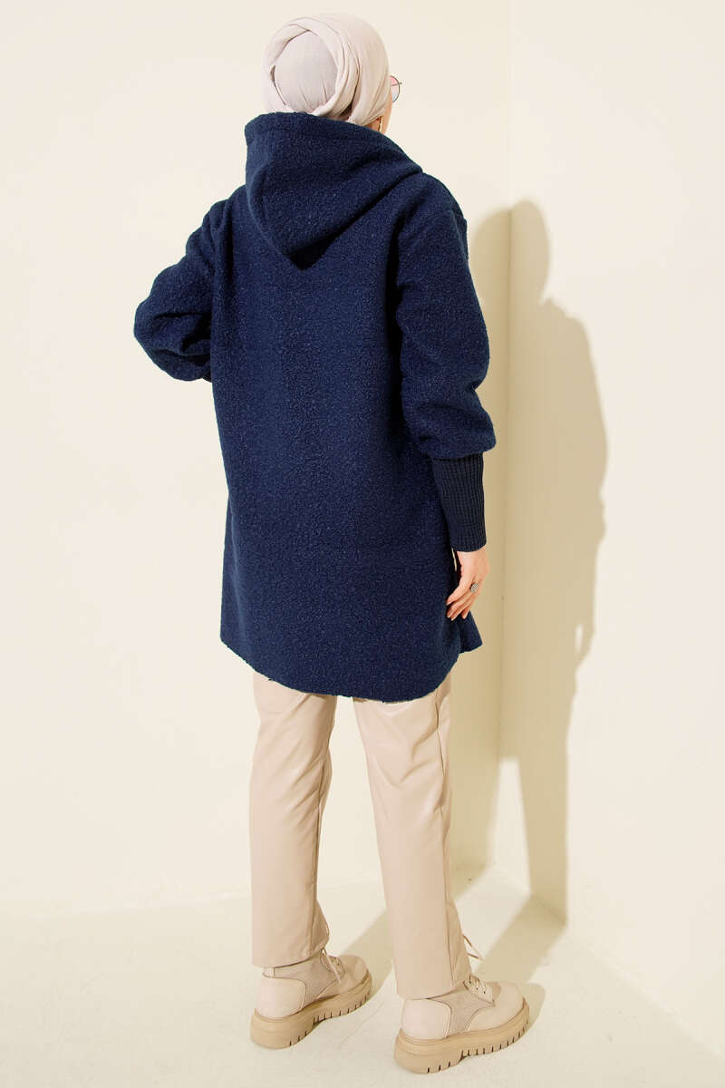 Zip-up boucle cardigan with ribbed wrist cuffs Navy Blue - الصورة 3