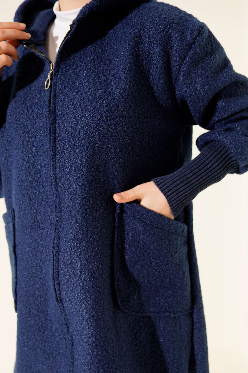 Zip-up boucle cardigan with ribbed wrist cuffs Navy Blue - الصورة 4