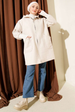 Alternative view of Hooded boucle cardigan with wrist ribbing Beige
