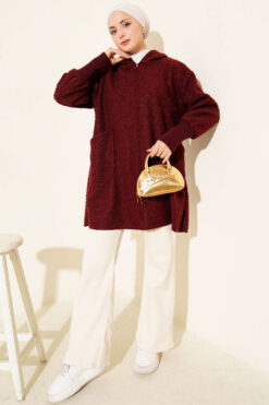 Alternative view of Hooded boucle cardigan with wrist ribbing Burgundy