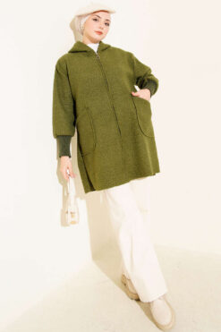 Alternative view of Hooded boucle cardigan with wrist ribbing Khaki