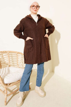 Alternative view of Hooded boucle cardigan with wrist ribbing Brown