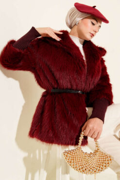 Alternative view of Fitted Cuffed Ribbed Hem with Faux Fur Lined Jacket Burgundy