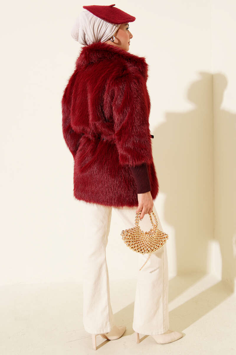 Fitted Cuffed Ribbed Hem with Faux Fur Lined Jacket Burgundy - الصورة 3