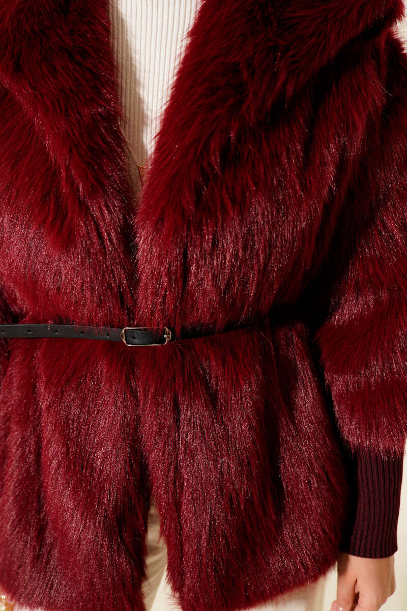 Fitted Cuffed Ribbed Hem with Faux Fur Lined Jacket Burgundy - الصورة 4