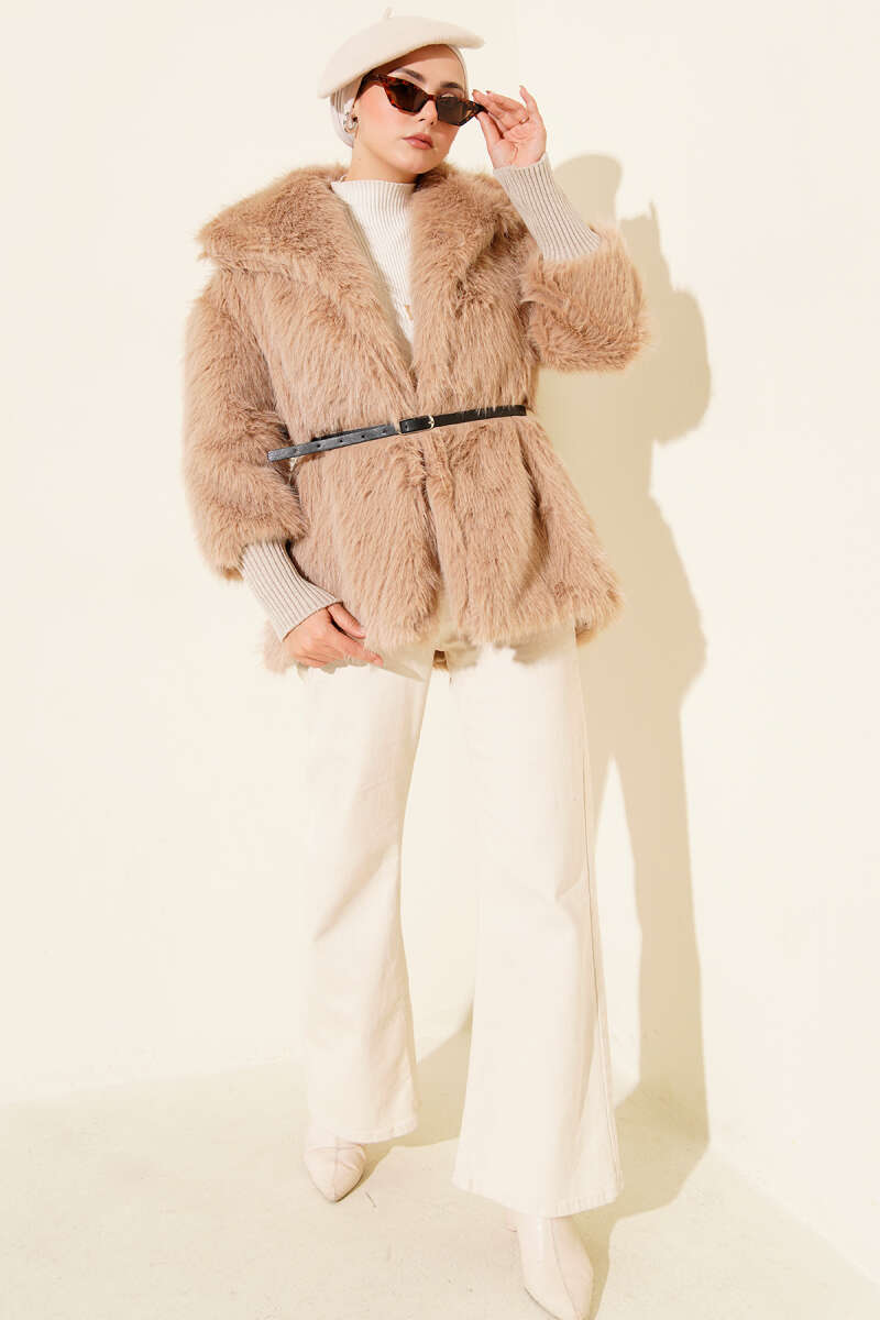 Fitted Cuffed Ribbed Hem with Faux Fur Lined Jacket Latte - Image 2