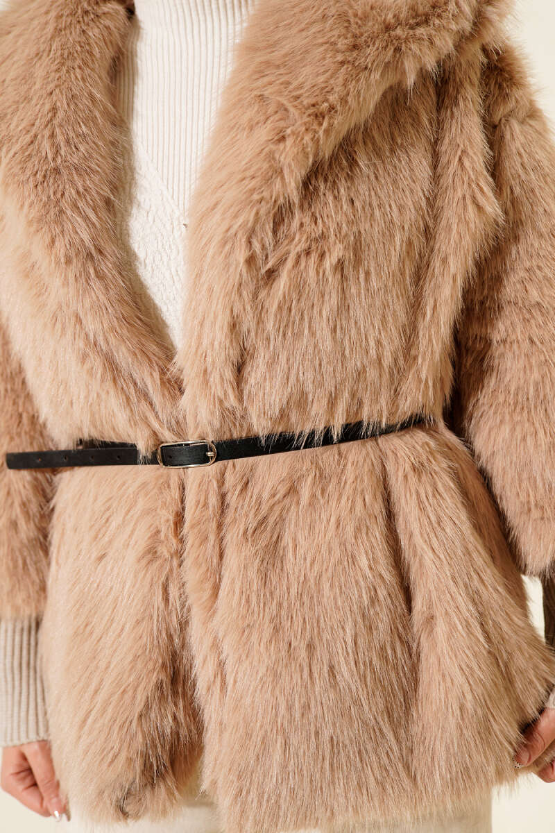 Fitted Cuffed Ribbed Hem with Faux Fur Lined Jacket Latte - Image 4