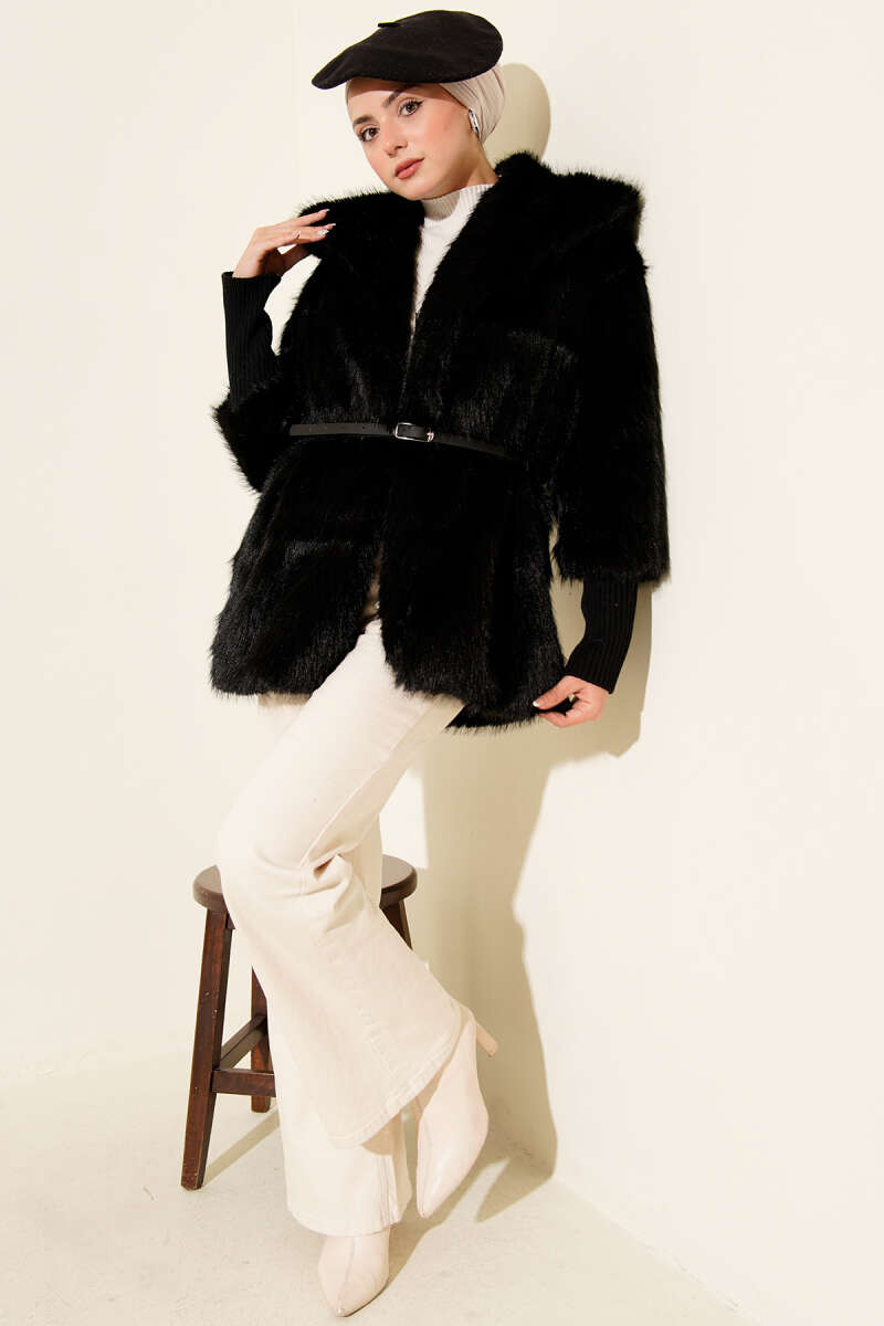 Fitted Cuffed Ribbed Hem with Faux Fur Lined Jacket Black – Image 2