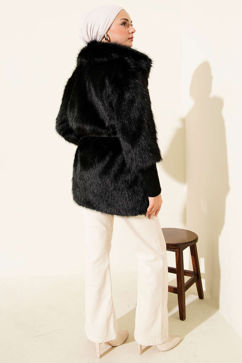 Fitted Cuffed Ribbed Hem with Faux Fur Lined Jacket Black – Image 3