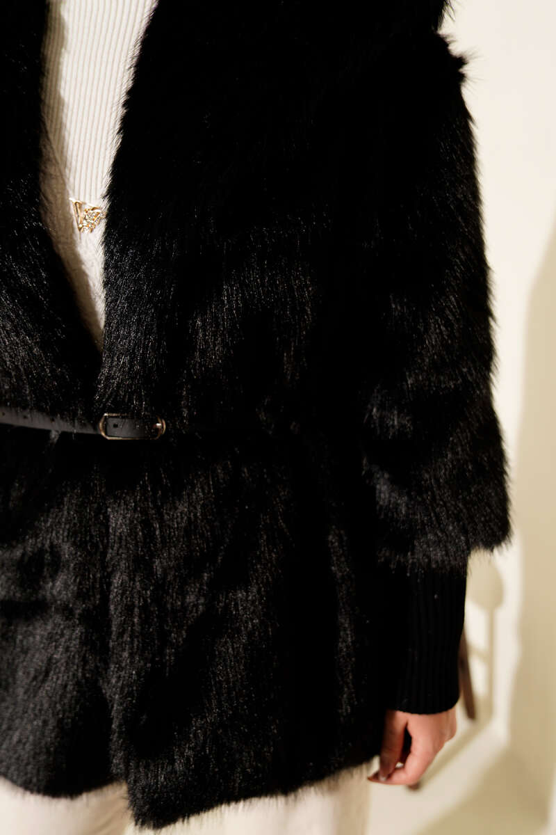 Fitted Cuffed Ribbed Hem with Faux Fur Lined Jacket Black – Image 4