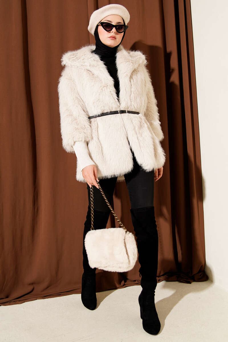Fitted Cuffed Ribbed Hem with Faux Fur Lined Jacket Stone – Image 2