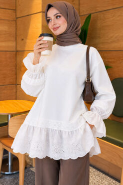 Lace-Trimmed Hem Edge and Wrist Scuba Tunic White