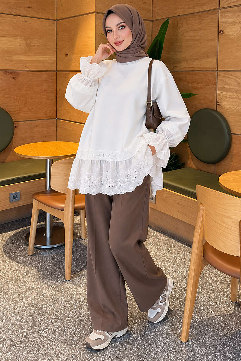 Lace-Trimmed Hem Edge and Wrist Scuba Tunic White - Image 2