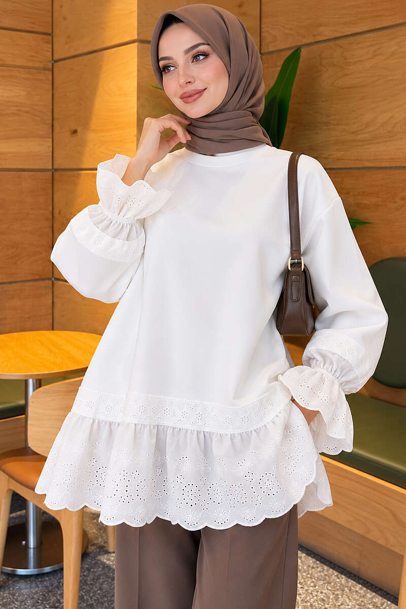 Lace-Trimmed Hem Edge and Wrist Scuba Tunic White - Image 3