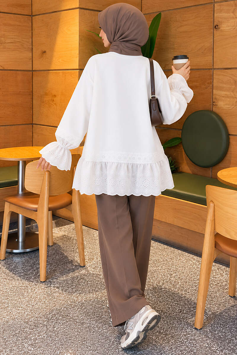 Lace-Trimmed Hem Edge and Wrist Scuba Tunic White - Image 4