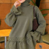 Lace-Trimmed Hem Edge and Wrist Scuba Tunic Khaki