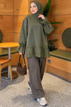 Alternative view of Lace-Trimmed Hem Edge and Wrist Scuba Tunic Khaki