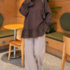 Lace-Trimmed Hem Edge and Wrist Scuba Tunic Brown - Imagen 2