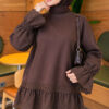 Lace-Trimmed Hem Edge and Wrist Scuba Tunic Brown - Imagen 3