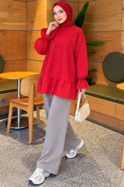Alternative view of Lace-Trimmed Hem Edge and Wrist Scuba Tunic Red