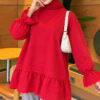 Lace-Trimmed Hem Edge and Wrist Scuba Tunic Red - Imagen 3