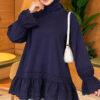 Lace-Trimmed Hem Edge and Wrist Scuba Tunic Navy Blue