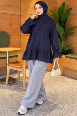 Alternative view of Lace-Trimmed Hem Edge and Wrist Scuba Tunic Navy Blue