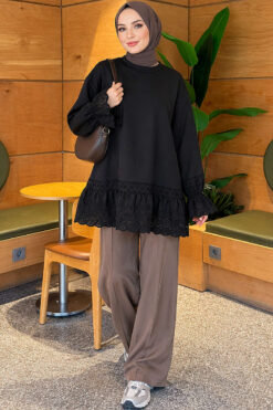 Alternative view of Lace-Trimmed Hem Edge and Wrist Scuba Tunic Black