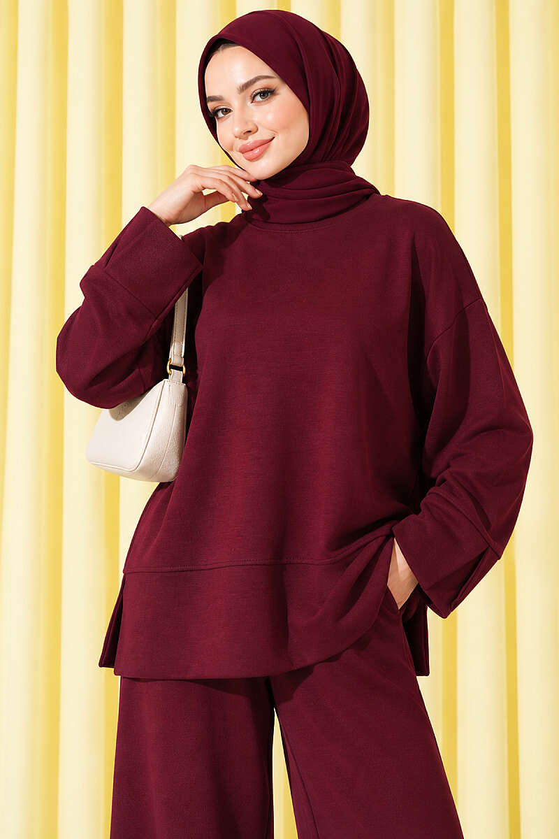 Lounge Set with Wrist Slit and French Terry Fabric Burgundy