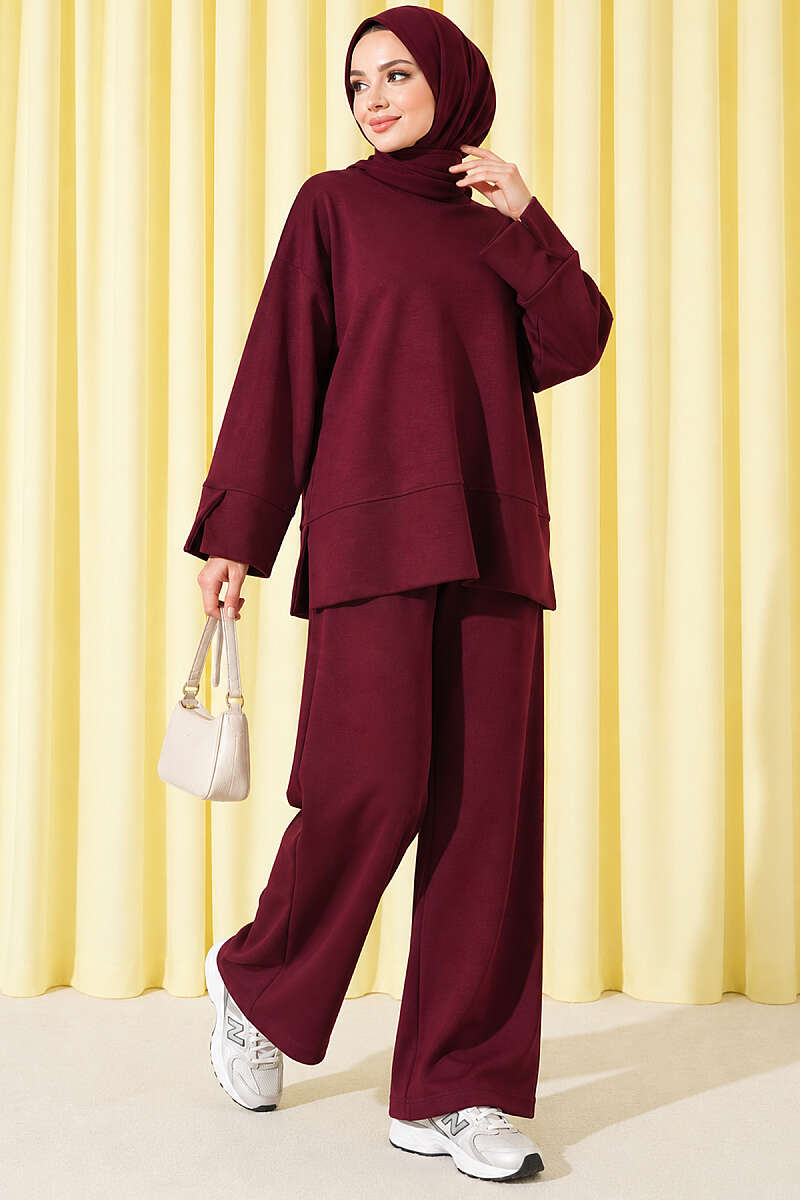 Lounge Set with Wrist Slit and French Terry Fabric Burgundy - الصورة 2