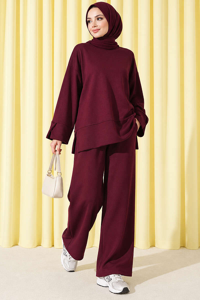 Lounge Set with Wrist Slit and French Terry Fabric Burgundy - الصورة 3