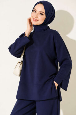 Alternative view of Lounge Set with Wrist Slit and French Terry Fabric Navy Blue