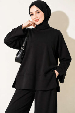 Alternative view of Lounge Set with Wrist Slit and French Terry Fabric Black