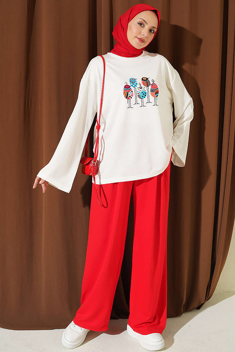 Printed Crew Neck Two-Piece Set Red