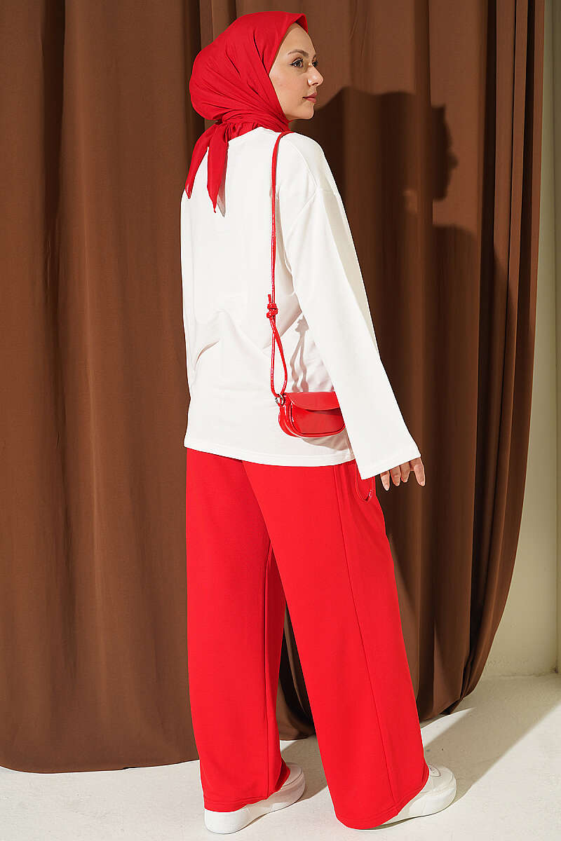Printed Crew Neck Two-Piece Set Red – Image 3