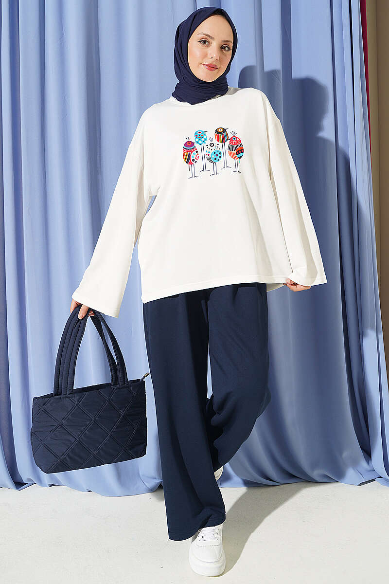 Printed Crew Neck Two-Piece Set Navy Blue