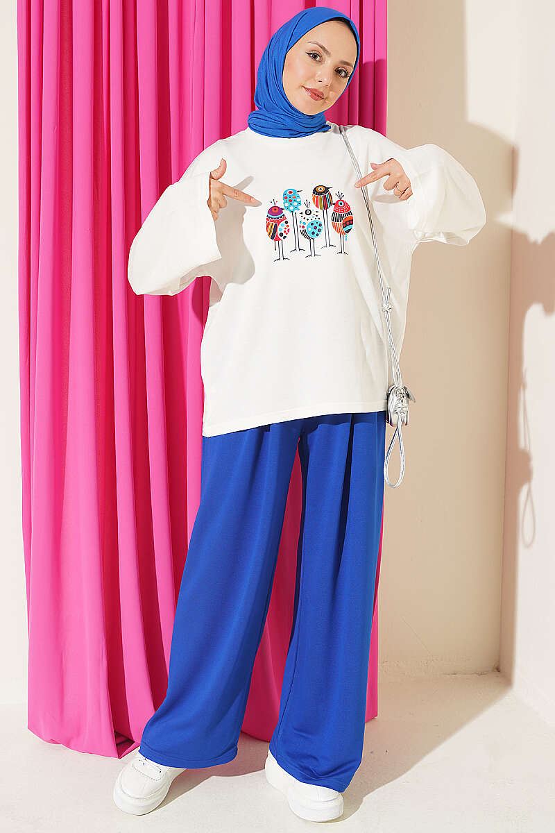 Printed Crew Neck Two-Piece Set Saxon Blue