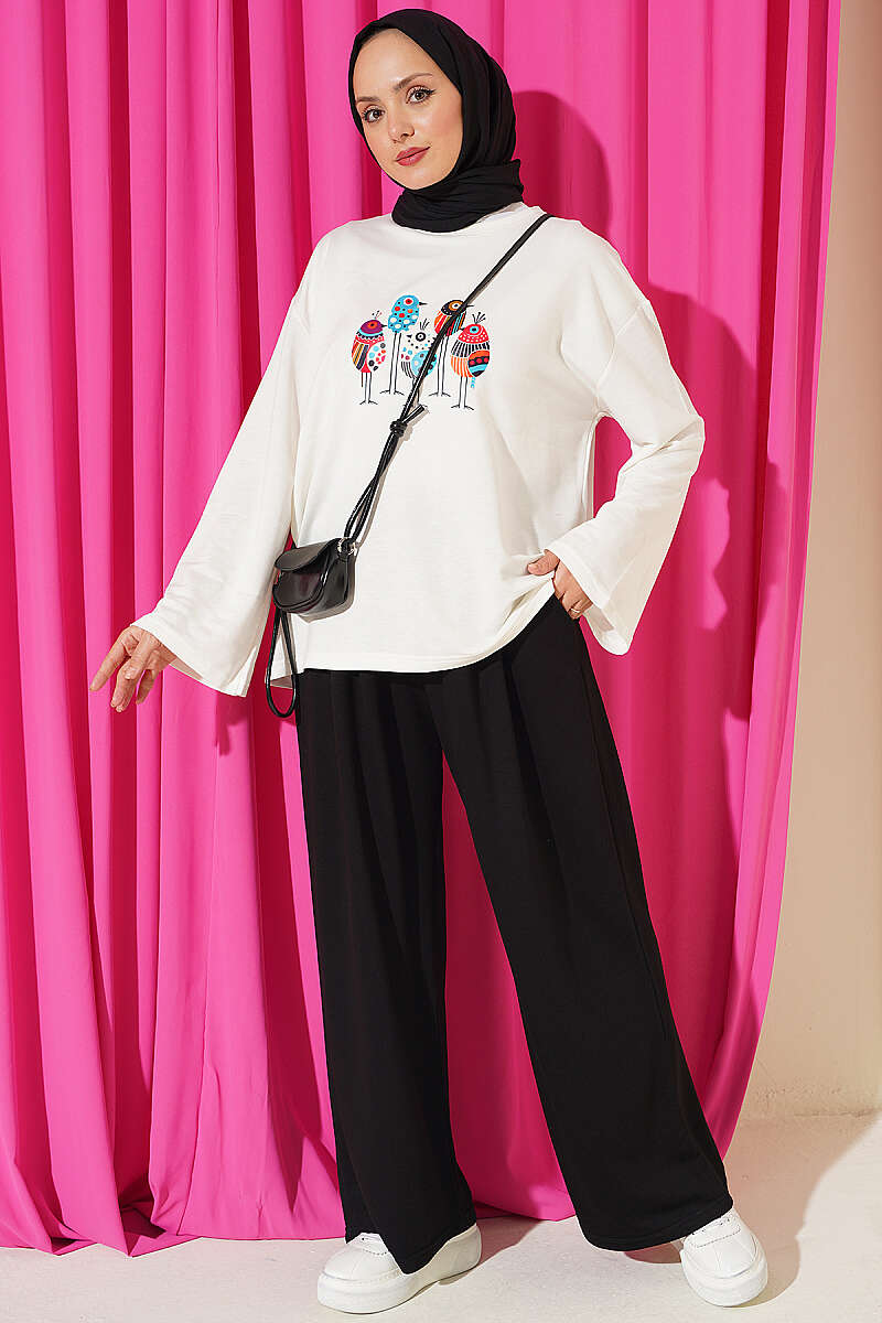 Printed Crew Neck Two-Piece Set Black