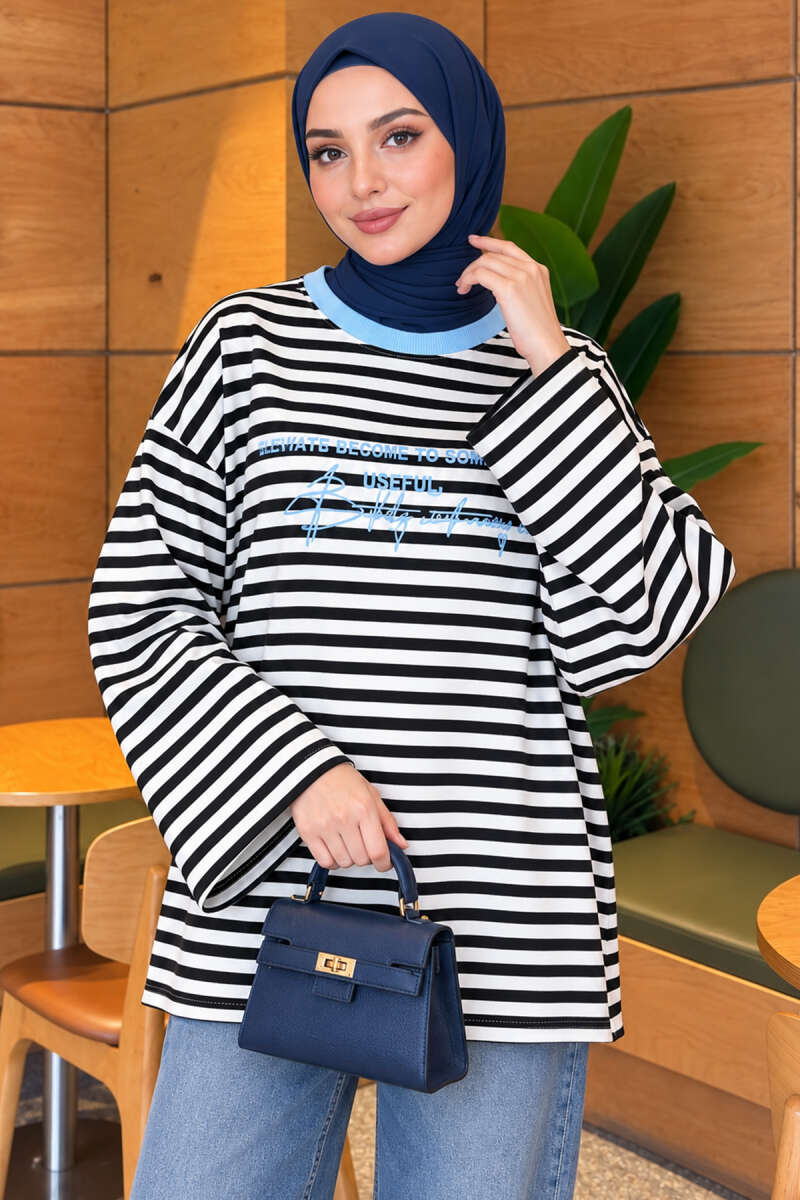 Printed Crew Neck Tunic Blue