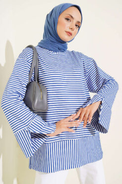 Striped Detail French Terry Tunic with Crew Neck Indigo