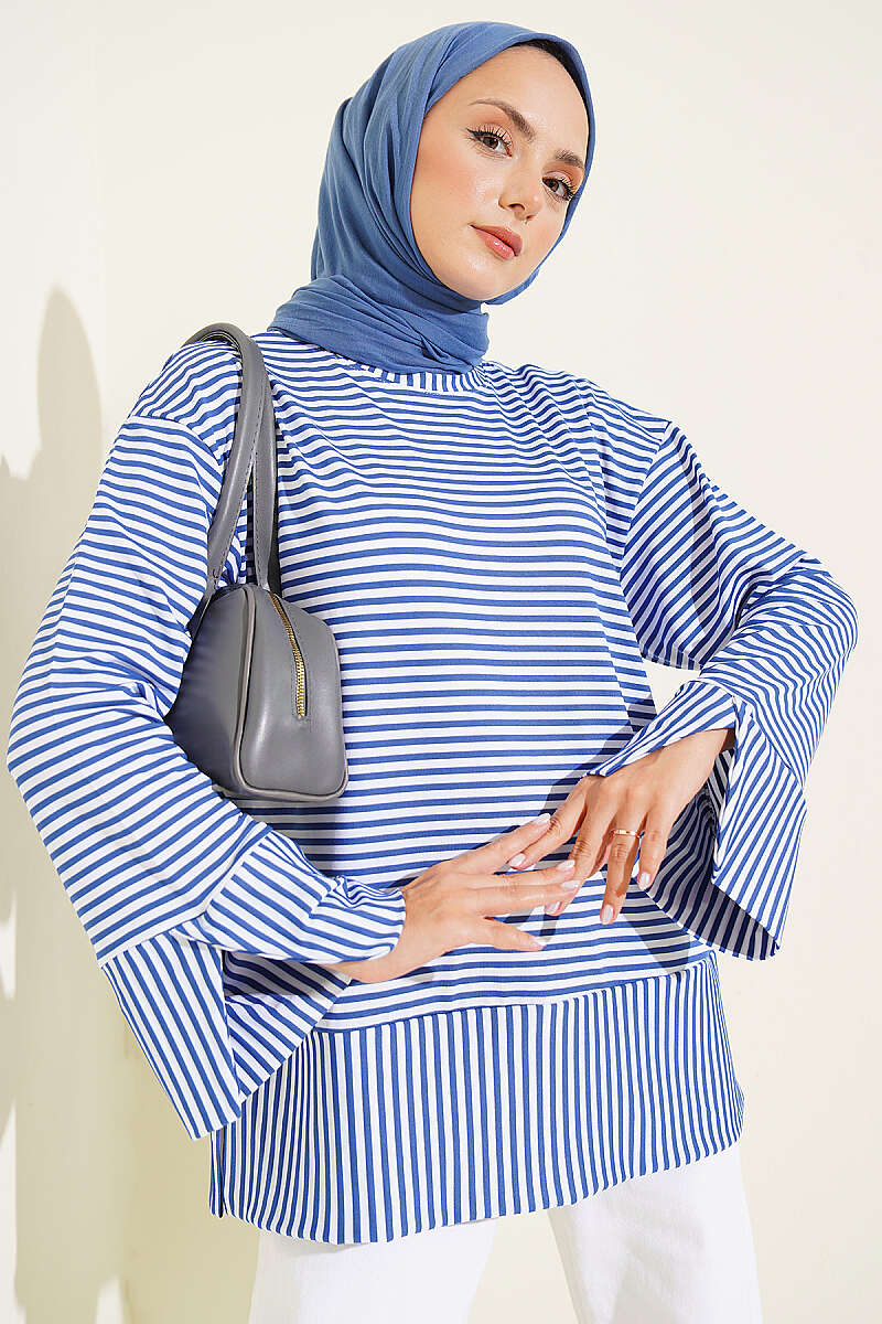 Striped Detail French Terry Tunic with Crew Neck Indigo
