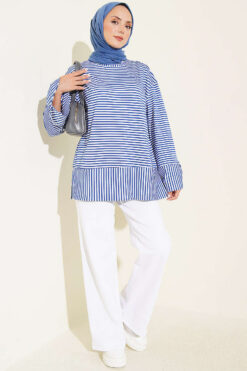 Alternative view of Striped Detail French Terry Tunic with Crew Neck Indigo
