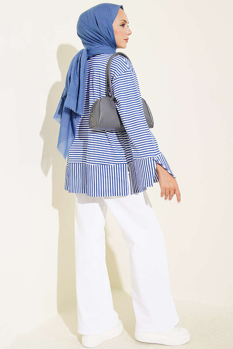 Striped Detail French Terry Tunic with Crew Neck Indigo - الصورة 3