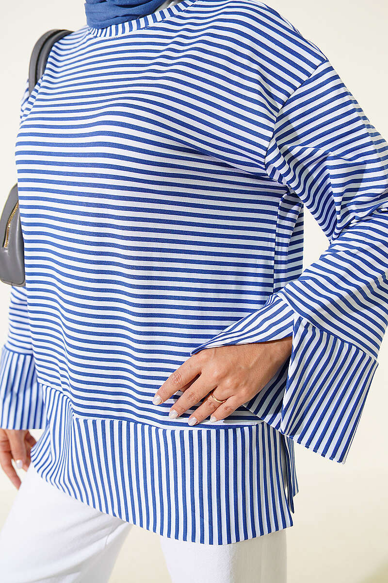 Striped Detail French Terry Tunic with Crew Neck Indigo - الصورة 4