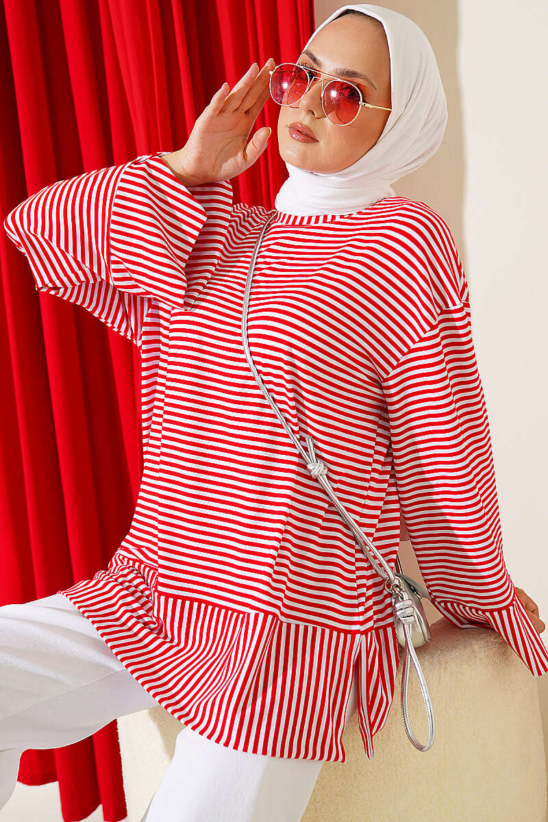 Striped Detail French Terry Tunic with Crew Neck Red