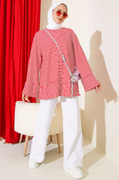 Alternative view of Striped Detail French Terry Tunic with Crew Neck Red