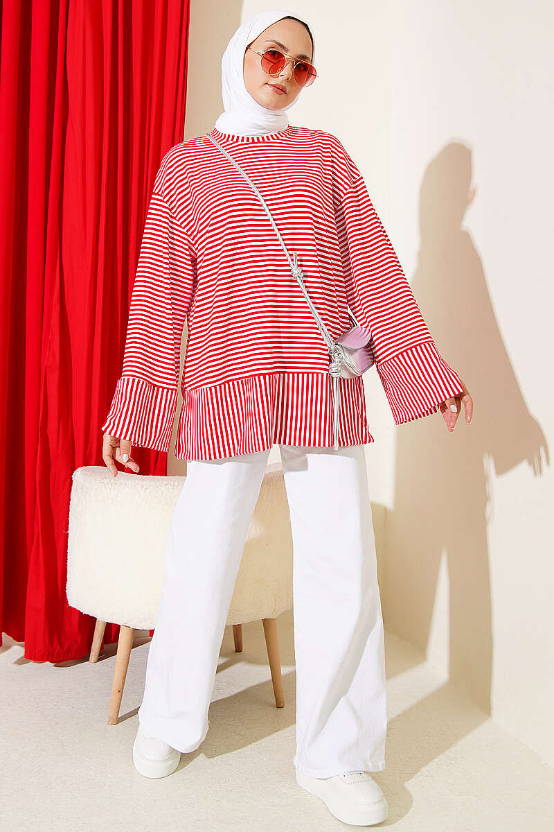 Striped Detail French Terry Tunic with Crew Neck Red - Imagen 2