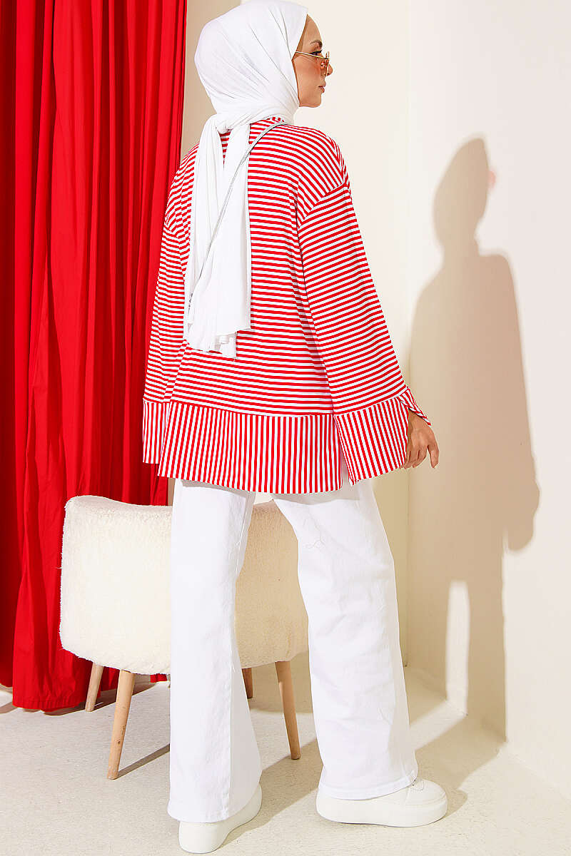Striped Detail French Terry Tunic with Crew Neck Red - Imagen 3